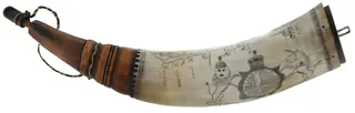 Powder Horn,
12-1/2", scrimshaw New York map,
paneled neck, iron staple